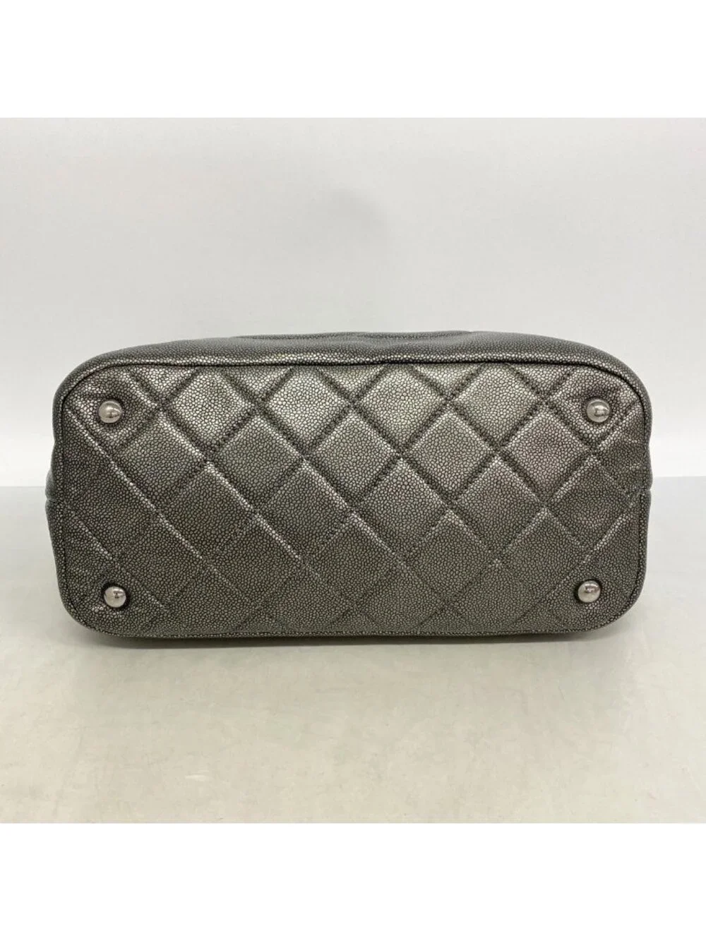Chanel Chain Tote Quilted Caviar Leather Gray Silver